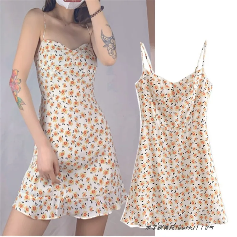 Fre Floral Print V-Ne Wrap Chest Strap Dr High Waist ort Skirt Women's Summer Vaion Ins Street Sle A-Line Dr