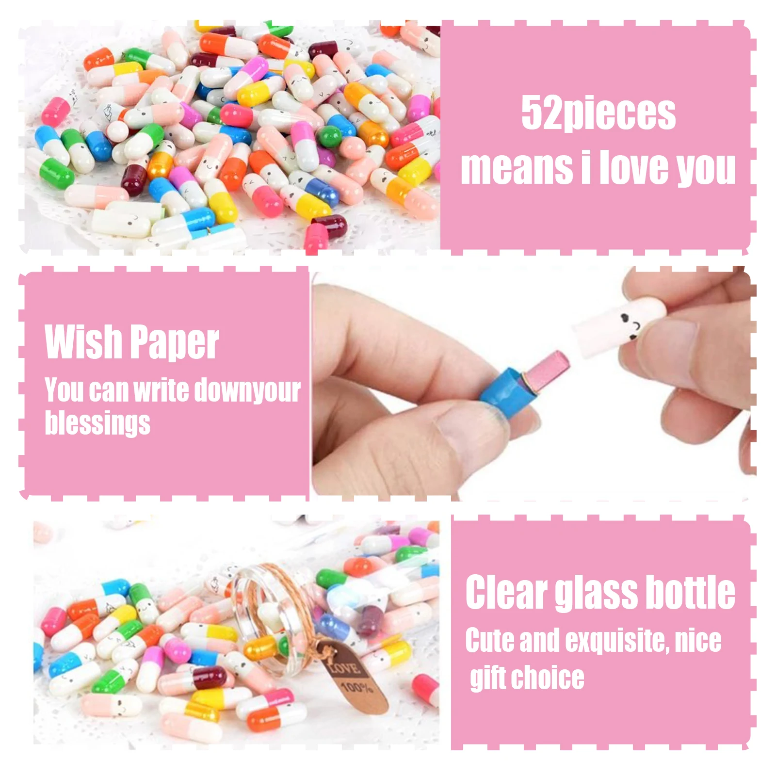 50pcs Message Capsule In Bottle Transparent Letter Love Pill Emoticon Smile Pills With Roll Paper Wedding Valentine\'s Gift