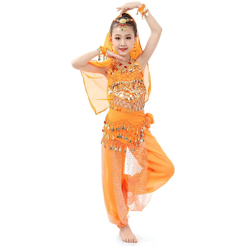 Kid Glittery Coins Dancewear Belly Dance Hip Scarf Fringe Triangle Towel Wrap Belt Skirt for Girls Children Outfit Party Tassel