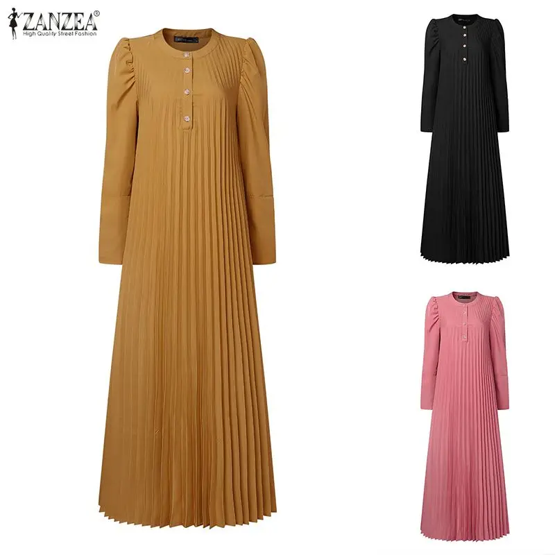 

Хиджабы, женские скромные длинные платья, мусульманское элегантное плиссированное платье макси с круглым вырезом и длинными пышными рукавами ZANZEA, халаты Абая, одежда для Рамадана