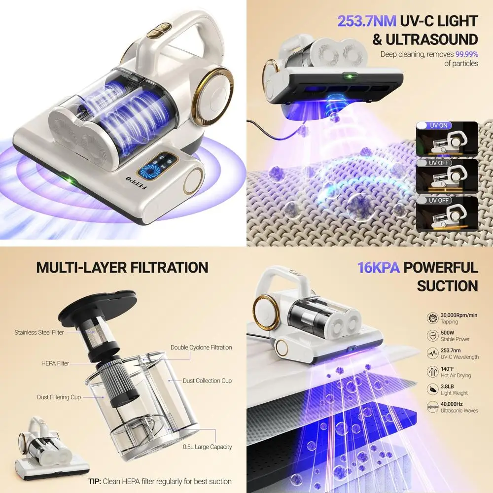 16Kpa UV-C Bed Vacuum Cleaner with 140° Heat, HEPA Filter, Corded for Bed, Sofa, Crib