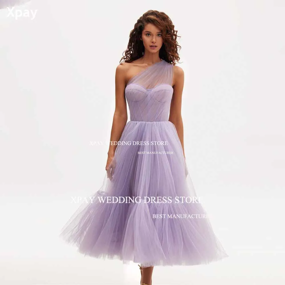 

XPAY Saudi Arabic Purple A Line Evening Dresses One Shoulder Tea Length Sweetheart Ruffles Tiered Prom Gowns Occasion Event