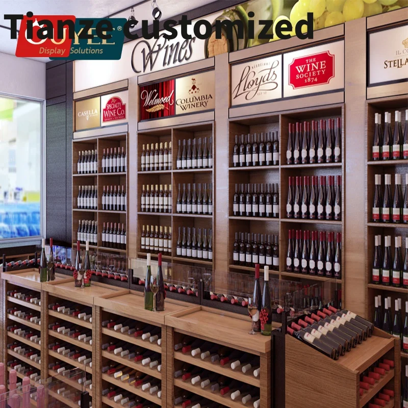 

Customized-Custom Wine Shop Interior Decoration Showcase Wine Glass Display Cabinet Liquor Store Shelving Wine Display Rack