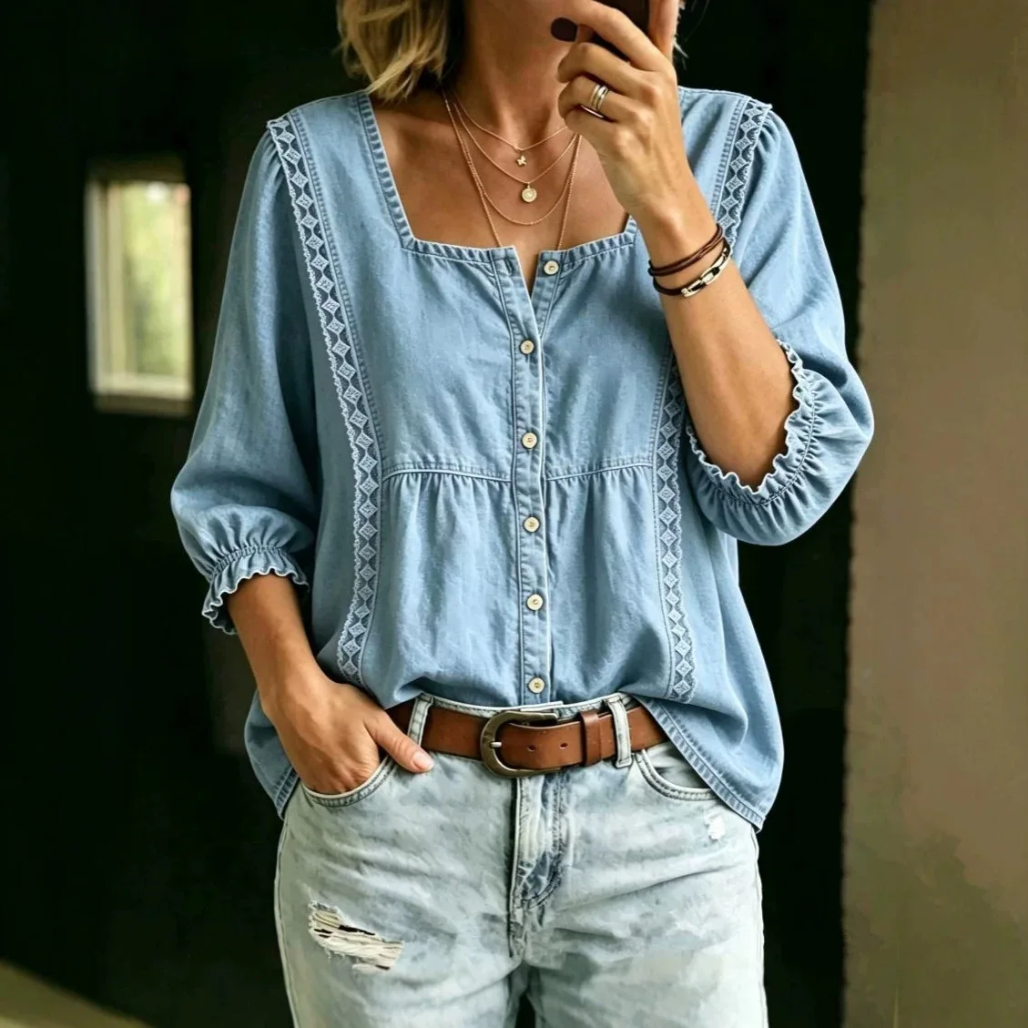 Women Blouses Denim Shirt Vintage Washed Square Neck Three Quarter Sleeve Single Breasted Tops Y2k Streetwear Elegant Shirts