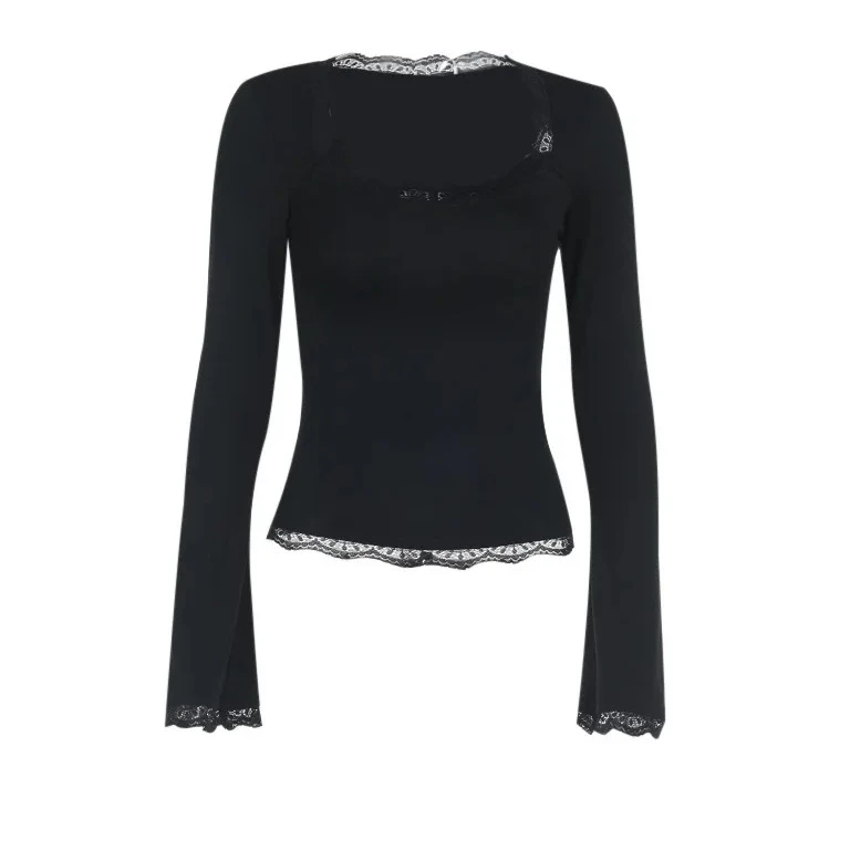 

Women's Spring Fall Casual Slim Fit Long Sleeve Crop Top Solid Color U Neck with Lace Patchwork Slightly Flared Hem Streetwear F