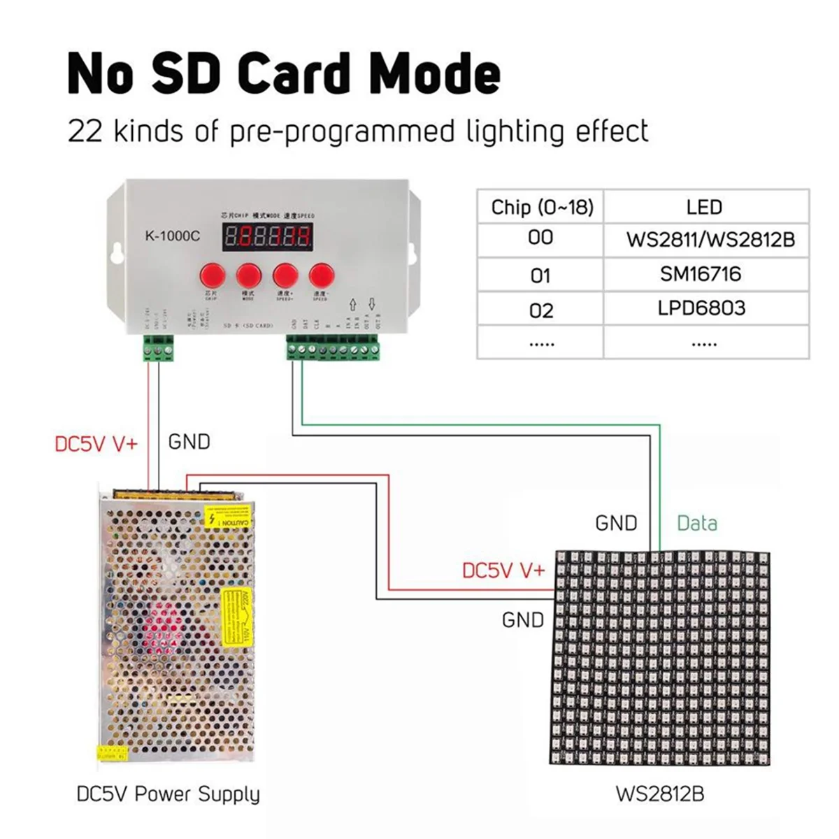 ABZV-K1000C Kontroler kart SD Kontroler RGB WS2801 WS2811 WS2812B LPD6803 Kontroler programu LED 2048 pikseli DC5-24V