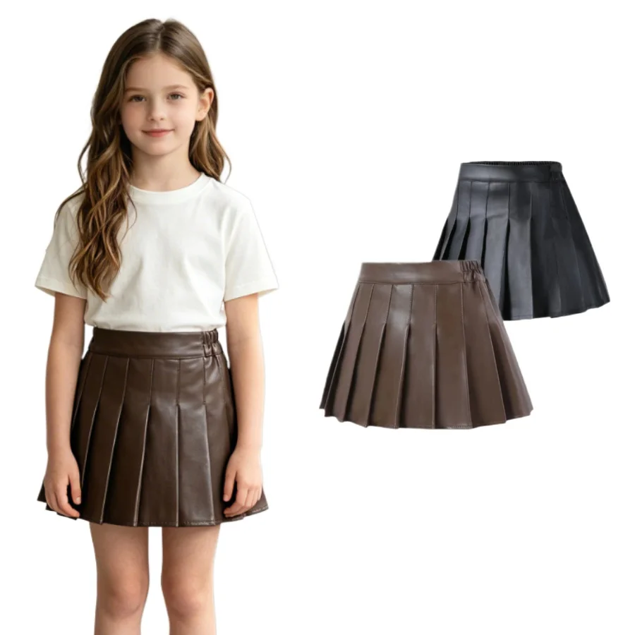 

Girls High Waisted Pleated Faux Leather Mini Skirt Elastic Waist A Line Casual Streetwear Skirt for Kids Fall Winter Wear 3-14 Y