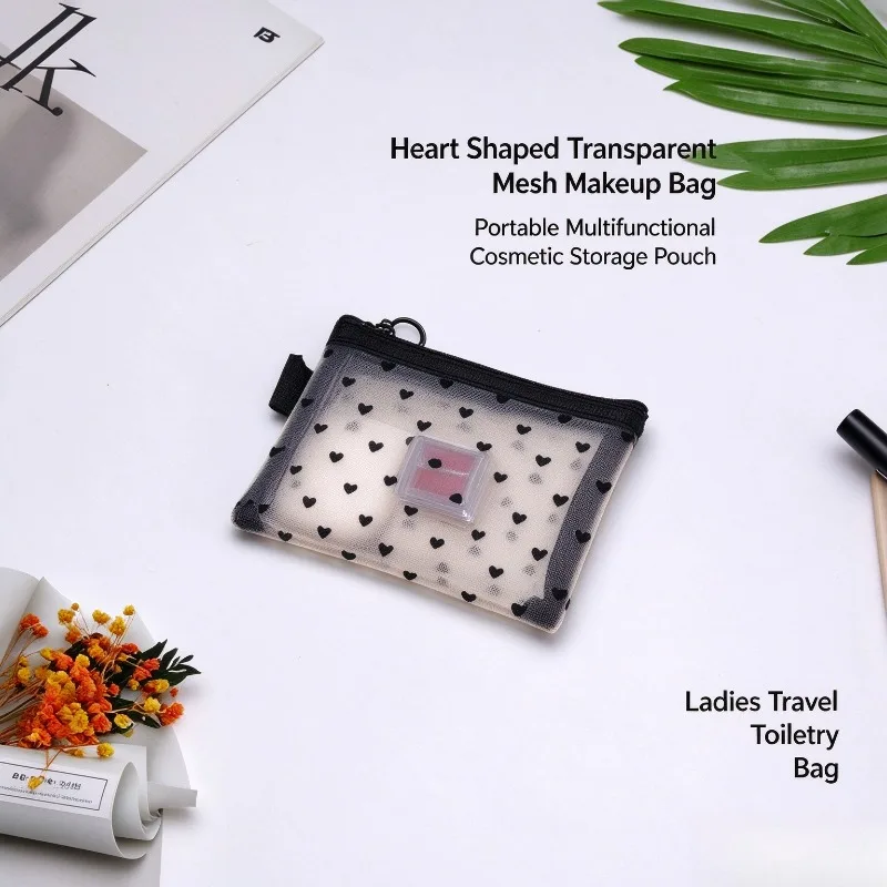 1Pc Heart Shaped Transparent Mesh Makeup Bag Portable Multifunctional Cosmetic Storage Pouch for Ladies Travel Toiletry Bag