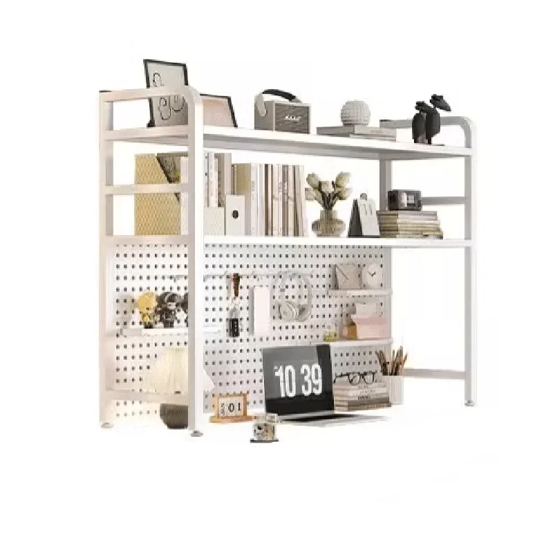 

Creative simple desktop bookshelf space saving living room wrought iron shelf computer storage hole board decorative