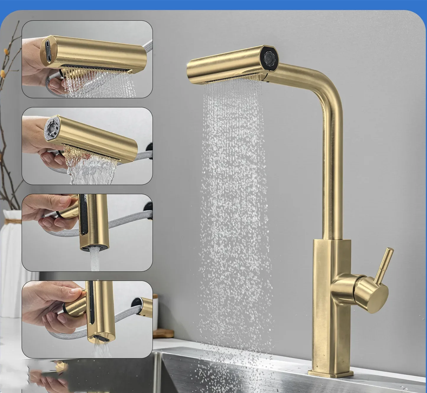 003 Pull Out Sprayer Kitchen Faucet Gold Deck Mounted Kitchen Sink Faucet