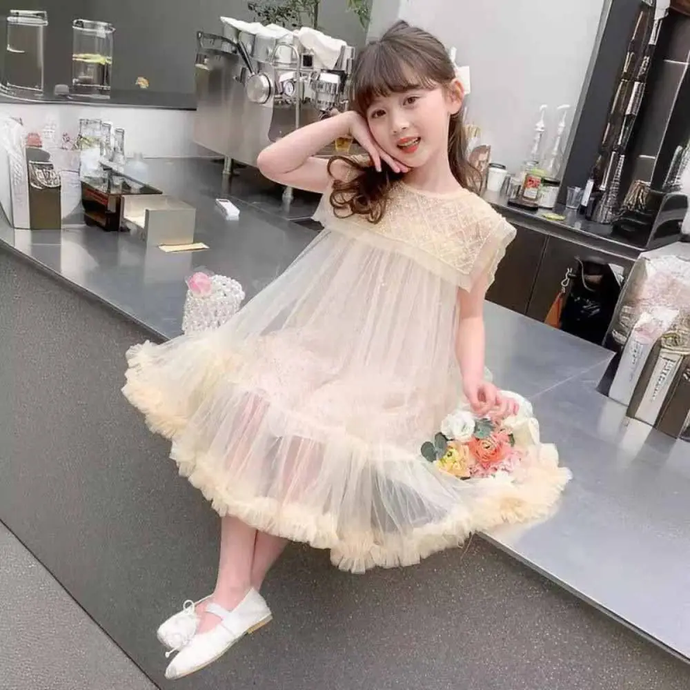 Mode Pailletten Mädchen Prinzessin Kleid Lose Party Sommer Kleid Strand Urlaub Teenager Kinder Mesh Kleid Sommer