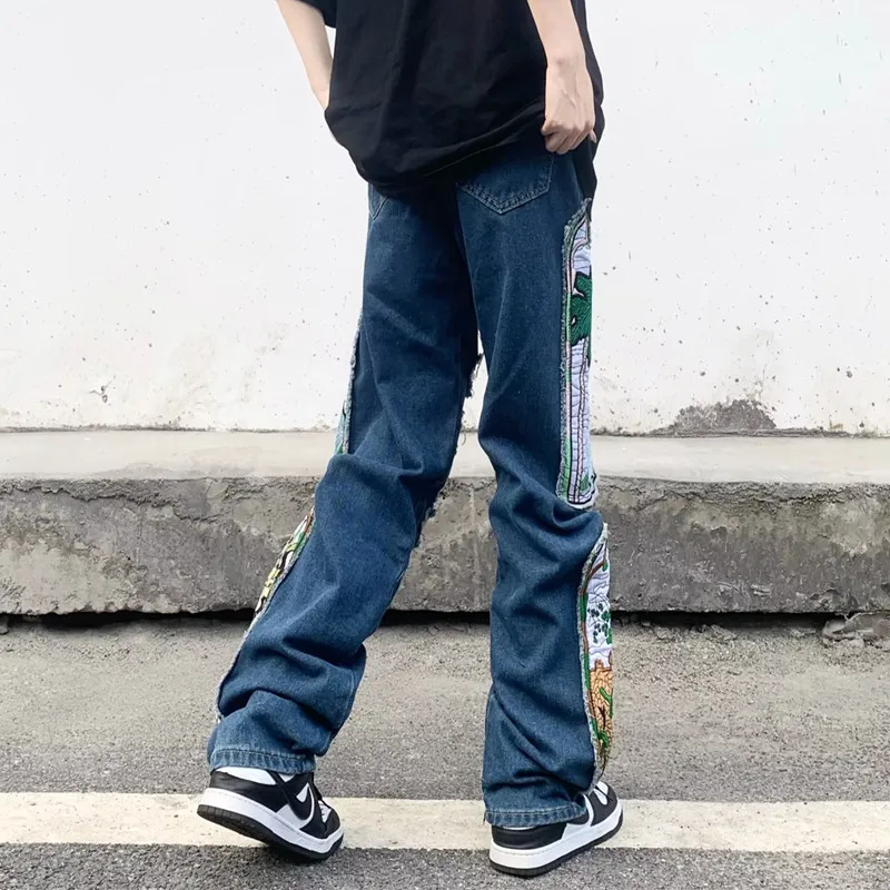 2023 Grunge Clothes Y2K Streetwear Baggy Stacked Ripped Jeans Pants For Men Patch Embroidery Hip Hop Denim Trousers Ropa Hombre