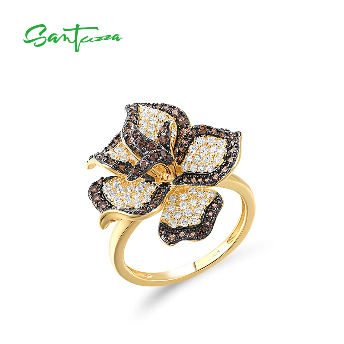 SANTUZZA Genuine 925 Sterling Silver Rings For Women Sparkling White CZ Brown Spinel Orchid Flower Elegant Part Fine Jewelry