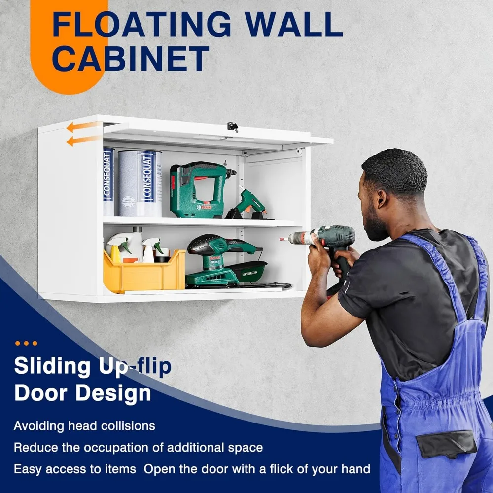 Metal Wall Cabinet with Doors and Shelves - Floating Storage Unit for Garage or Basement, White, 21.6 Inches Tall