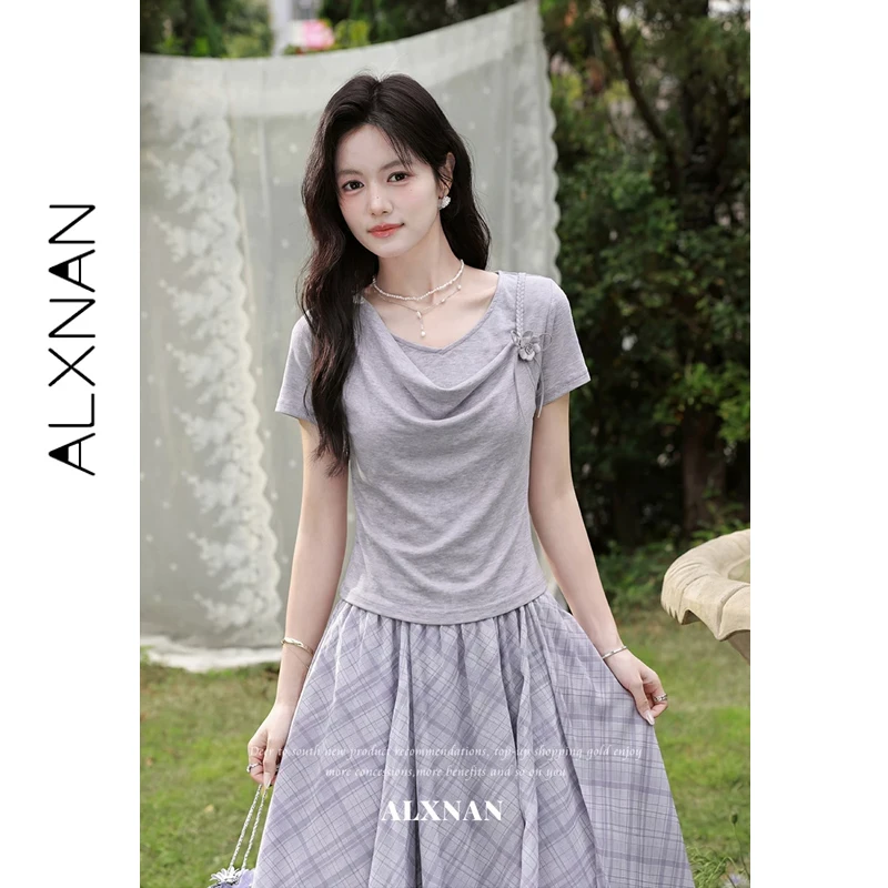 

ALXNAN Purple T-shirt Faux Two-piece Woven Strap 3D Flower Short Sleeve T-shirts Summer Casual Fashion Female Tops DYL662655
