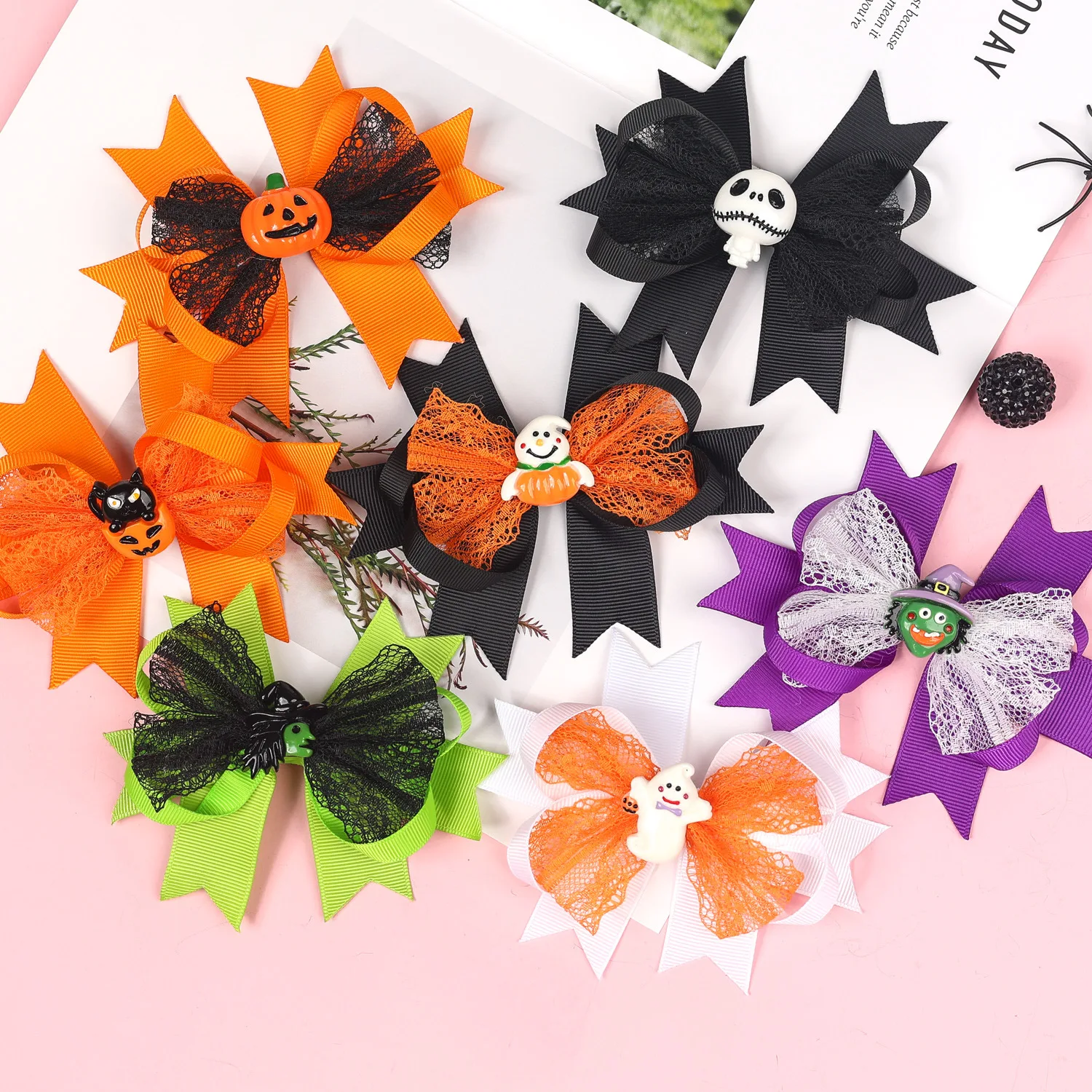 36pc/lot Pumpkin Skeleton Skull Ribbon Bow Baby Hair Clips Hairpins Barrettes for Kid Girls Halloween Party Headwear Wholesale