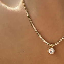 Round cz stone tennis chain necklaces stainless steel necklace for women simple dainty jewelry summer waterproof jewelry