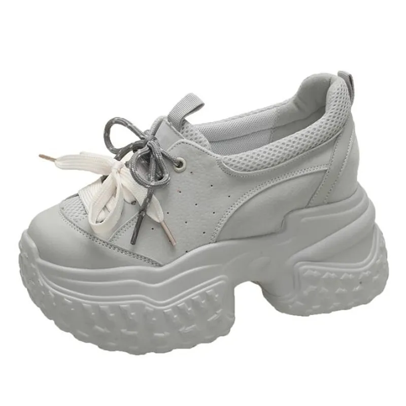 Zapatillas de deporte con plataforma gruesa para mujer, zapatos deportivos de cuero transpirables con tacón oculto, suela gruesa, vulcanizados, novedad de otoño