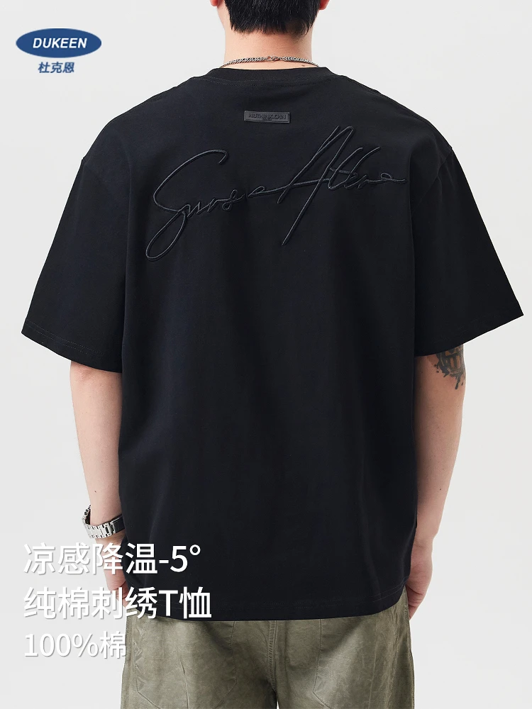 

DUKEEN 100% Cotton Trendy Embroidered T Shirt for Men 2025 Summer New Fashion Streetwear Short-Sleeve Tops Men's Clothing