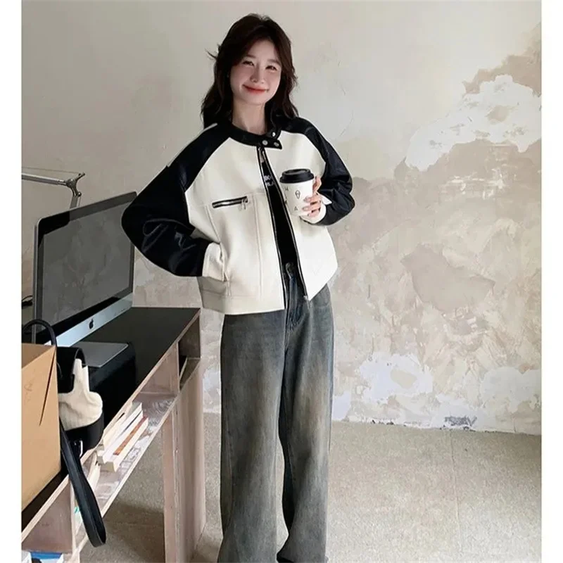 Primavera outono femme retalhos casaco de couro falso 2025 feminino gola jaqueta de couro coreano senhoras moda couro do plutônio outwear