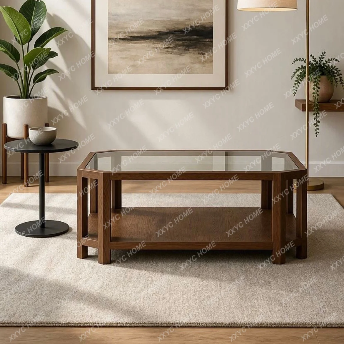 Medieval solid wood glass coffee table square modern simple ash wood tea table home bed and breakfast coffee table
