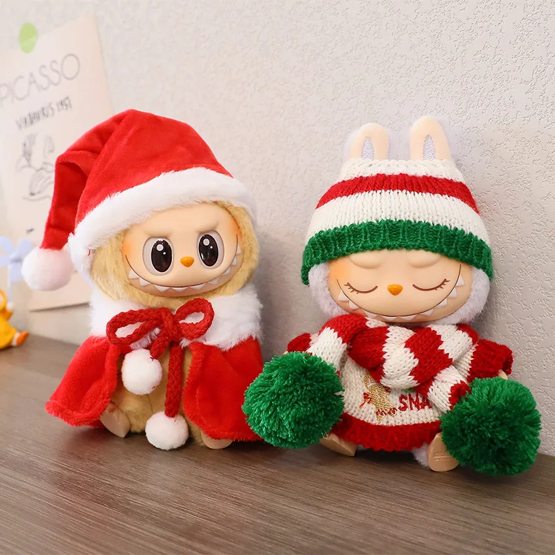 For 17cm Labubu V2 V1 Plush Idol Doll's Clothing Christmas Cloak Sweater Set Hat Kid Toy Gift Ropa Labubu