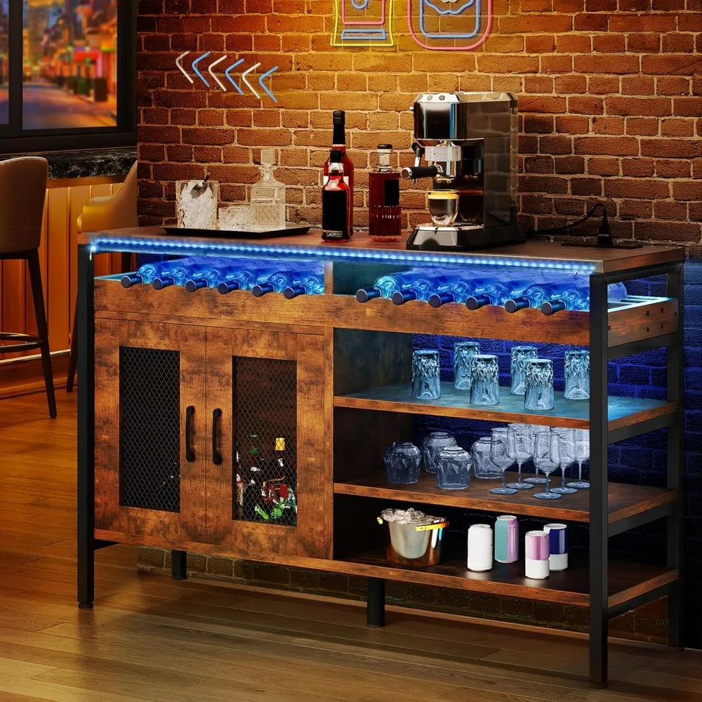 

55"Industrial Coffee Bar Cabinet with Led Lights and Power Outlets,Liquor Cabinet w/Doors Wine Rack Storage Metal Wood Sideboard