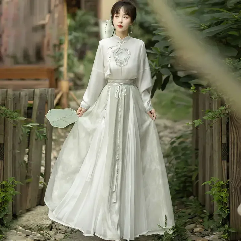 Verbeterde moderne waaier geborduurde lange mouwen Hanfu top rok vrouwen 2023 herfst hoge kwaliteit elegante thee kleding vestido oosterse