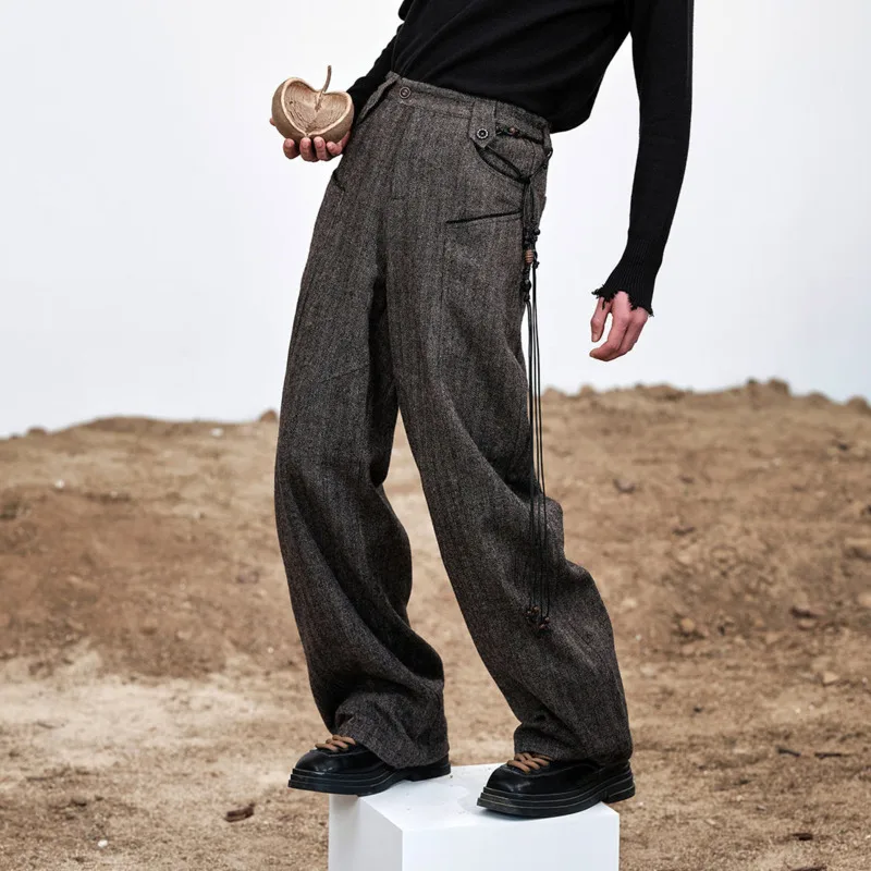 WVGA Autumn Winter New Man Tide Vintage British Style Fashionable Herringbone Trendy Niche Chic Casual Straight Pants Ins W22385