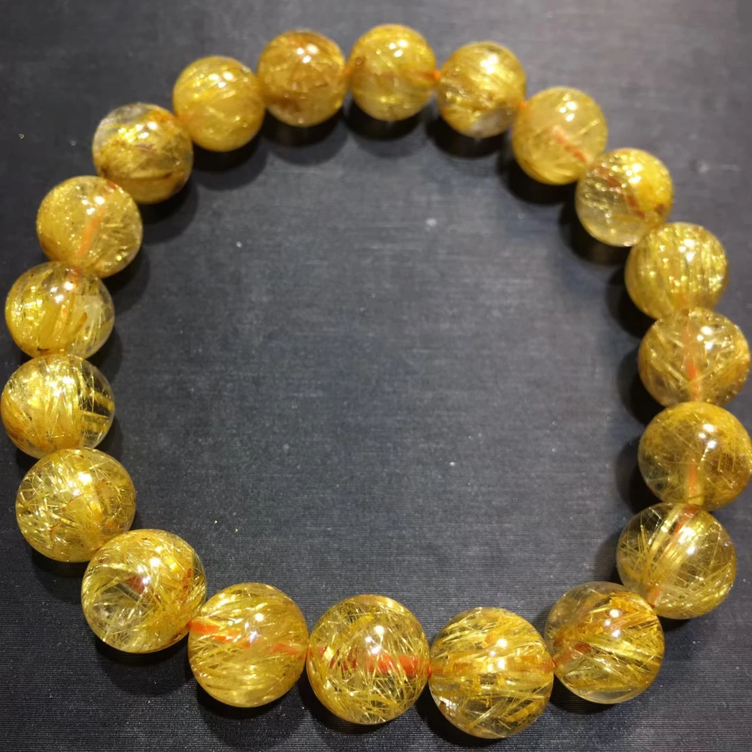 

Natural Gold Rutilated Quartz Titanium beads Bracelet Wealthy 9.5mm Woman Men Clear Round Beads Jewelry From Brazil AAAAAAA