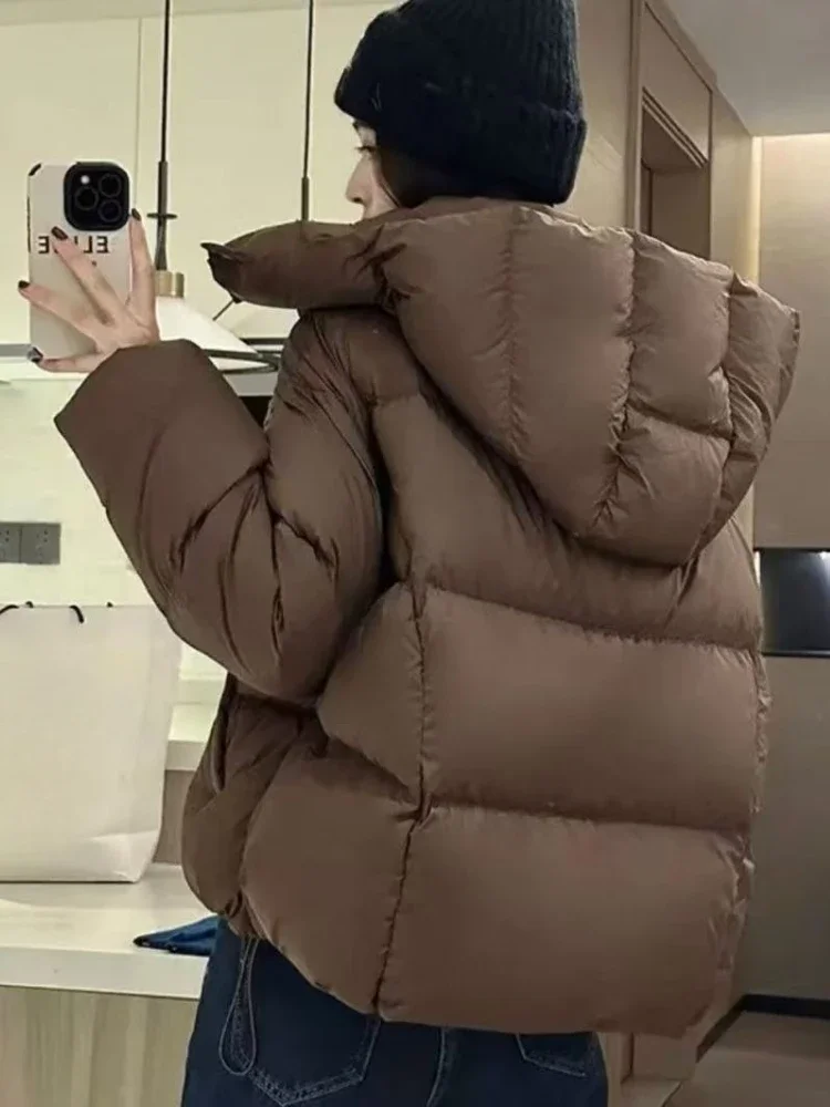

Short Women's Down Jacket 2025 New Hooded Thickened Solid Color Versatile Bread Suit Style Loose Fit Winter Cotton Padded Coat
