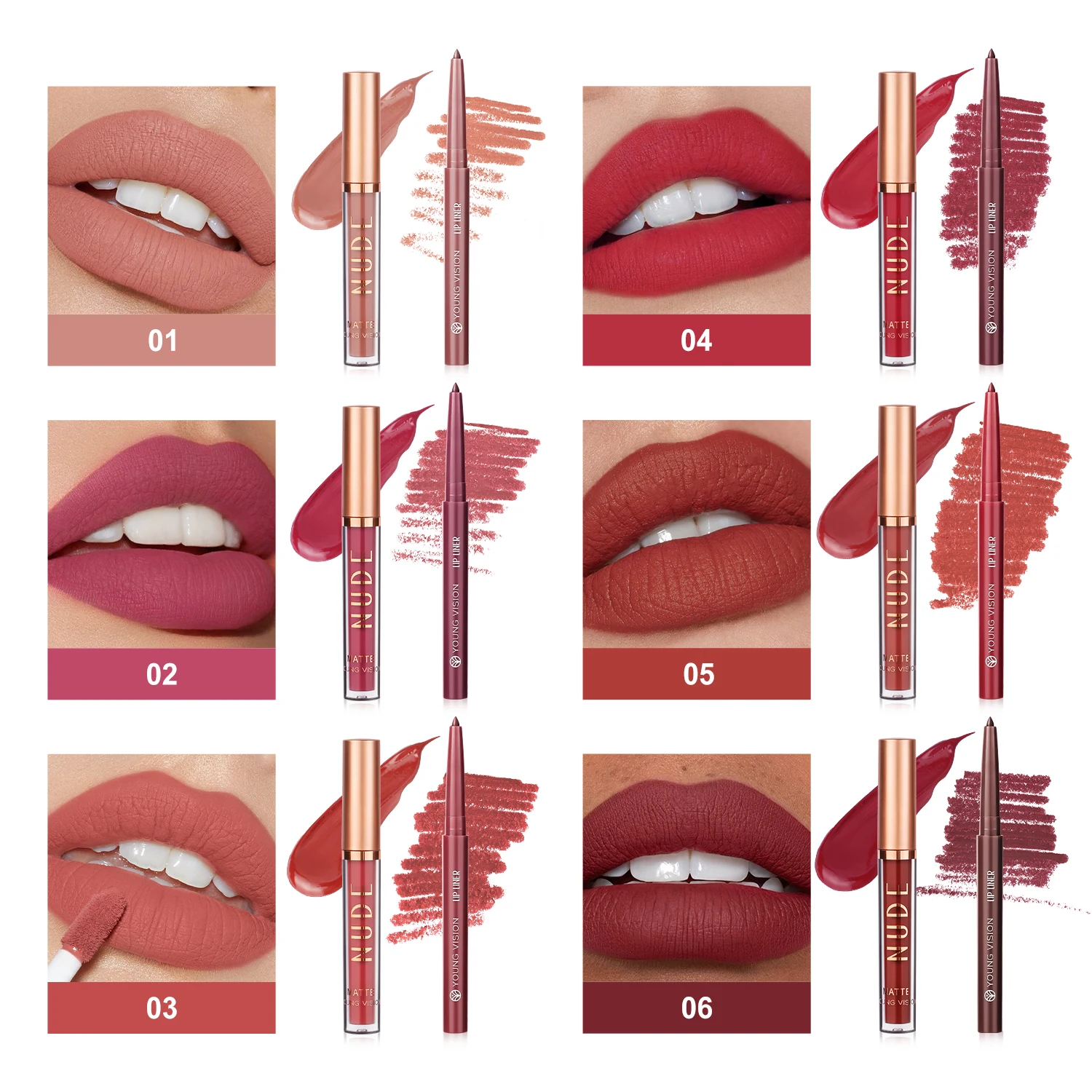 YOUNG VISION 6colors/pack matte easy color lip liner set waterproof anti-sweat non-stick lip gloss rotatable lip liner