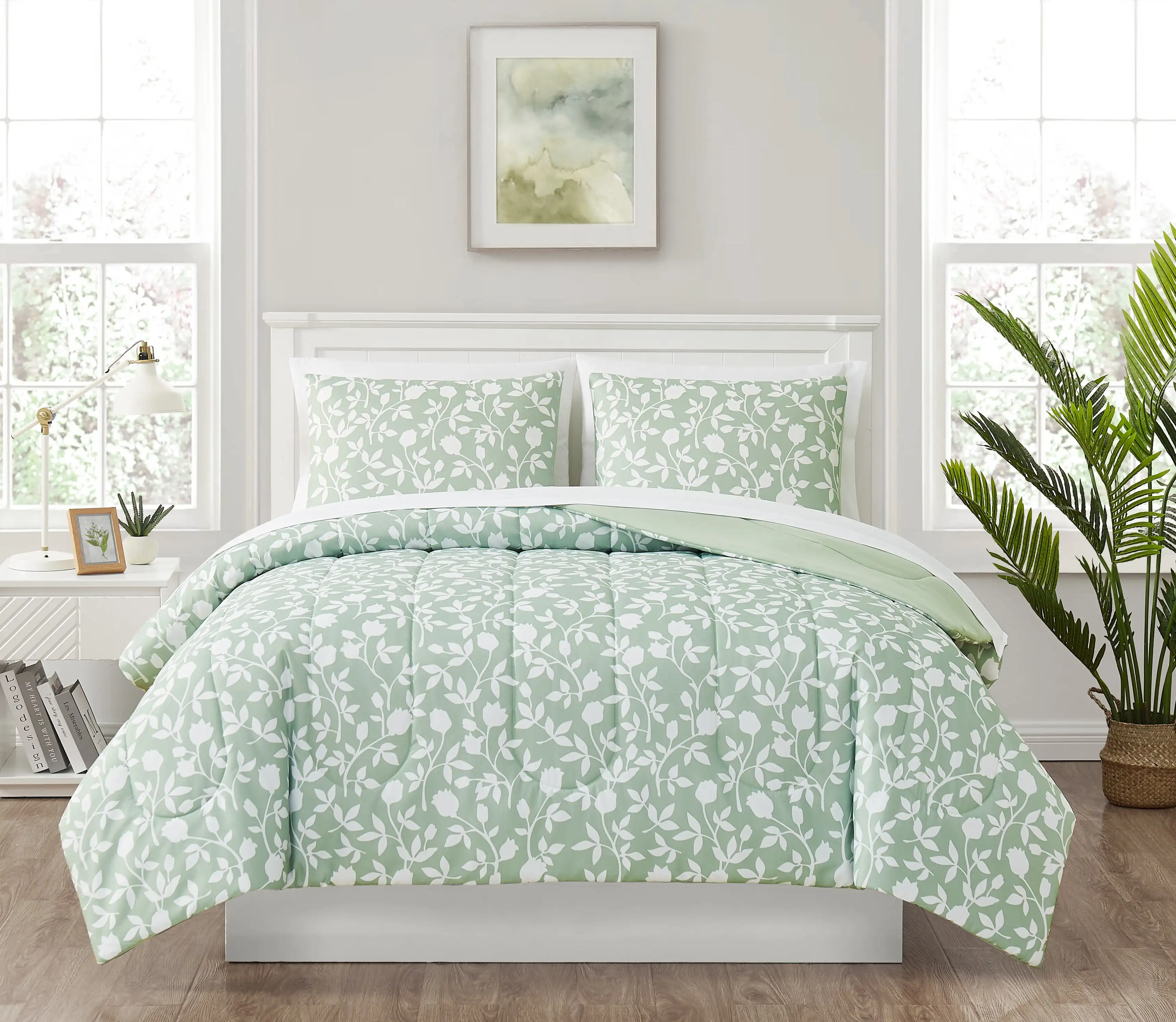 

7 Piece Reversible Bed in a Bag Comforter Set with Sheets, Green Floral, Full