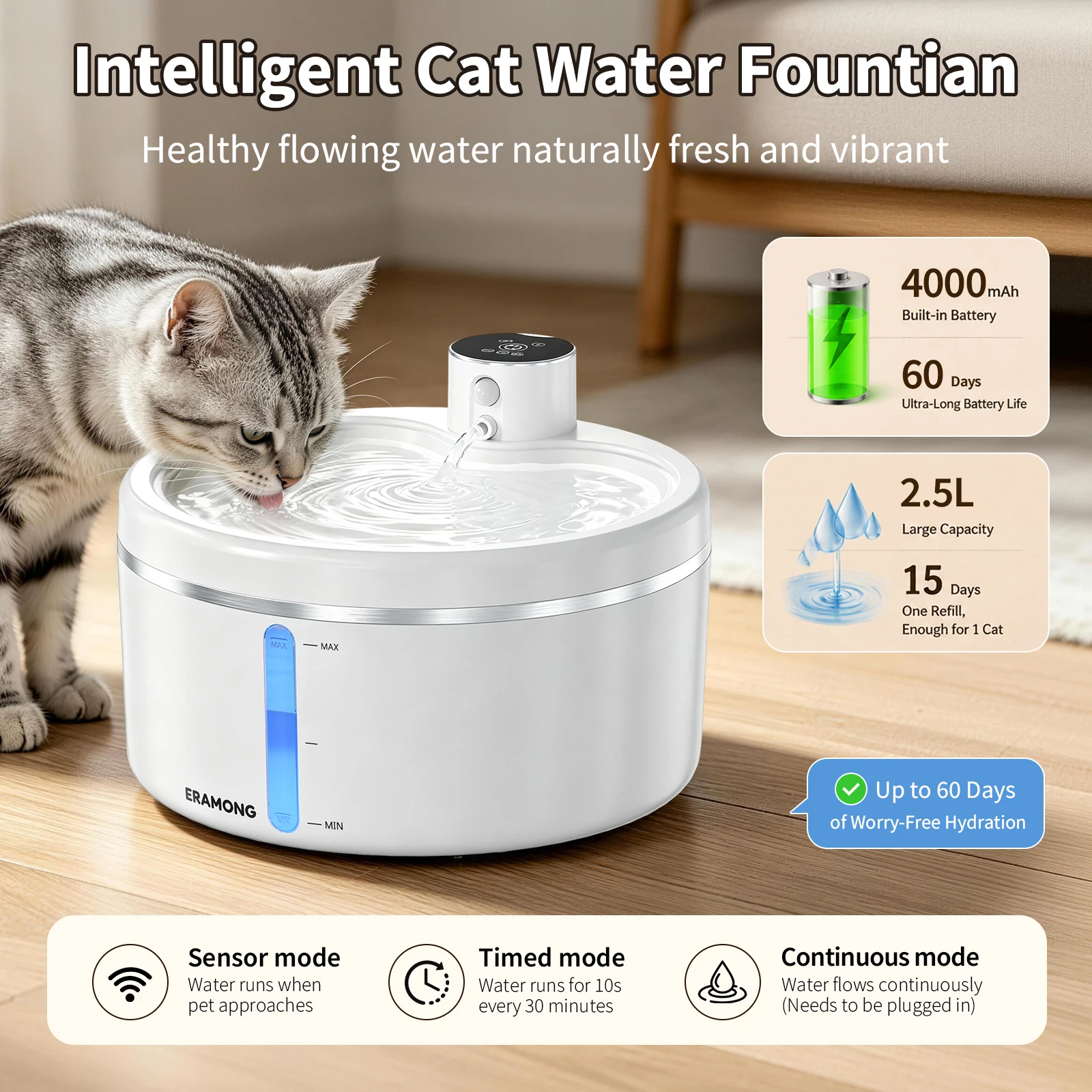 84.54oz 4000mAh Intelligent Wireless Cat Water Fountain, Automatic Motion Sensor Cordless Pet Water Bowl, Suitable for Indoor and Outdoor Use, Long-Lasting Battery Pet Water Fountain, Includes 2 Free Replacement Filters (12-Pack Filters Sold Separately)