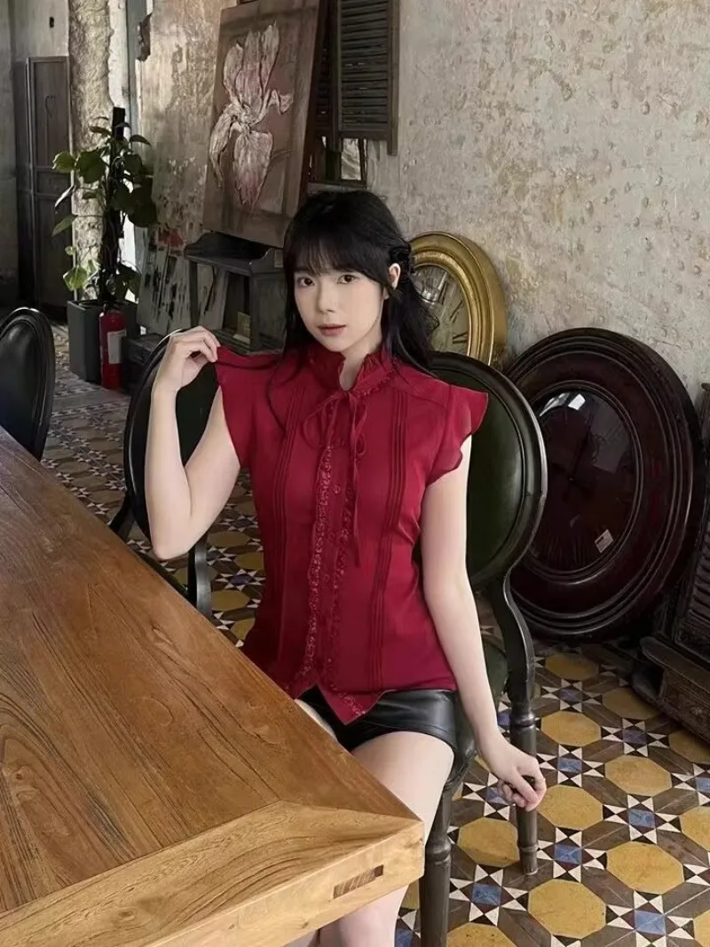 Summer Lolita New Wine Red Ruffle Collar Shirt Women Y2k Vintage Design Slim Fit Casual Blouses Elegant Style Korea Fashion Tops