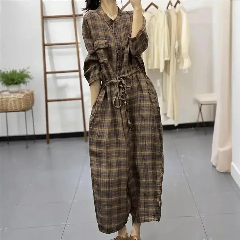 2026 New Spring Semi Cardigan Jumpsuit Women Design Drawstring Waist Jumpsuits Plaid Linen Streetwear Retro Woman Jumpsuits