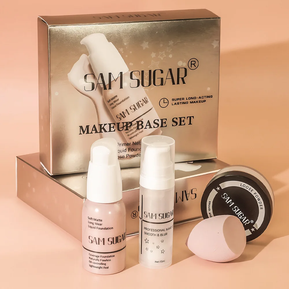 طقم قاعدة مكياج مكون من 4 قطع، مجموعة إسفنجة مكياج سائل بودرة سائبة، أدوات تجميل أساسية للمبتدئين