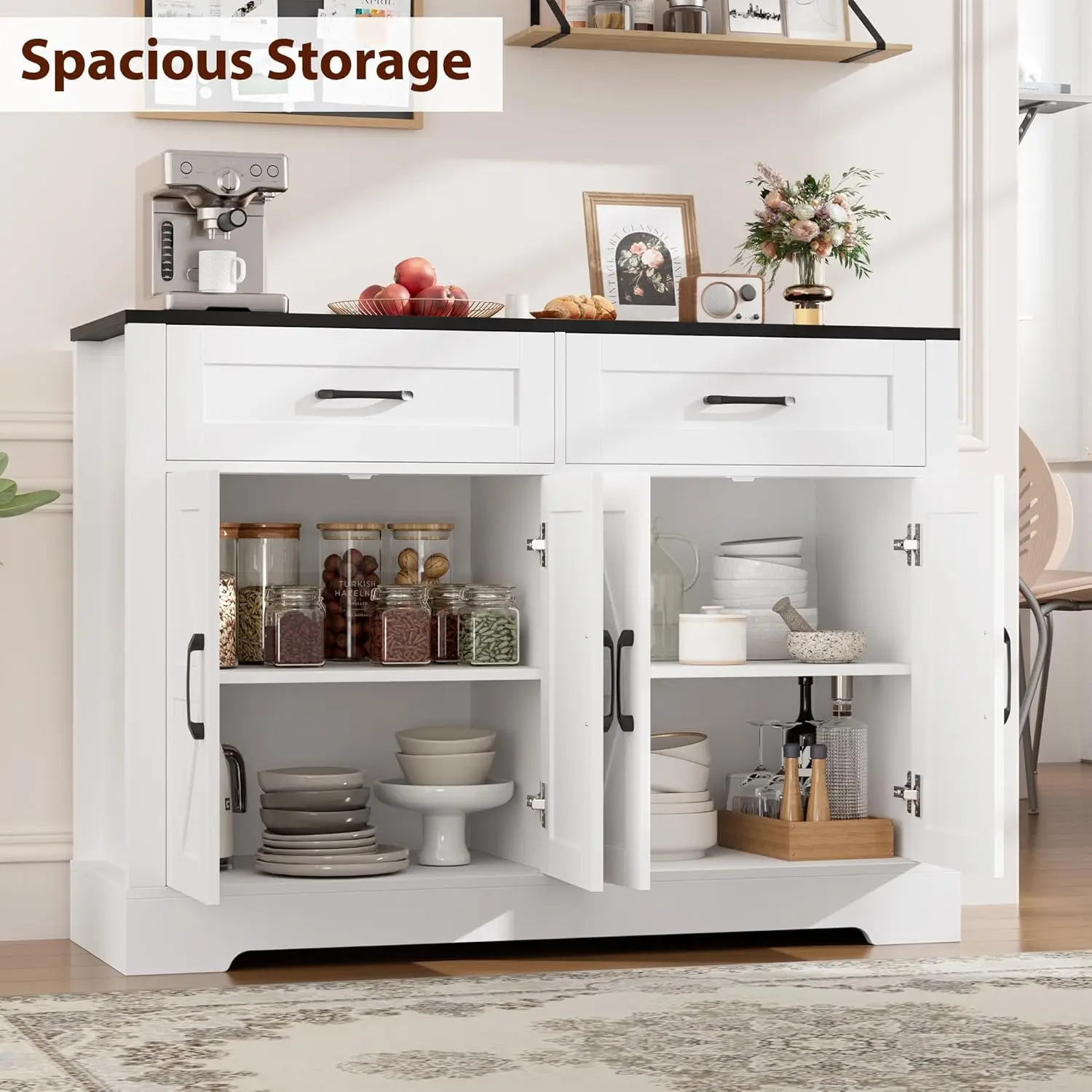 Farmhouse Sideboard Buffet with Drawers, White and Black Kitchen Cabinet for Dining Room, Hallway, Coffee Bar