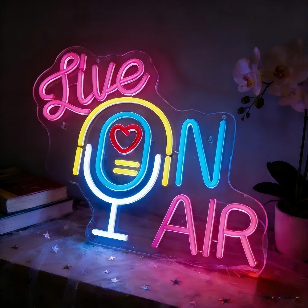 Live on Air Neon Sign LED USB Dimmable Wall Light for Podcast Studio Livestream Room KTV Bar Microphone Men Cave Bar Dorm Decor
