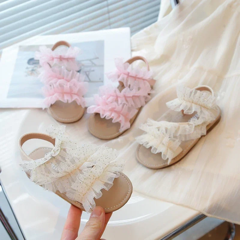 

Girls Lace Flat Sandals Summer Wedding Party Kids Causal Shoes Elegant Princess Versatile Fashion Children Causal Shoes Open-toe