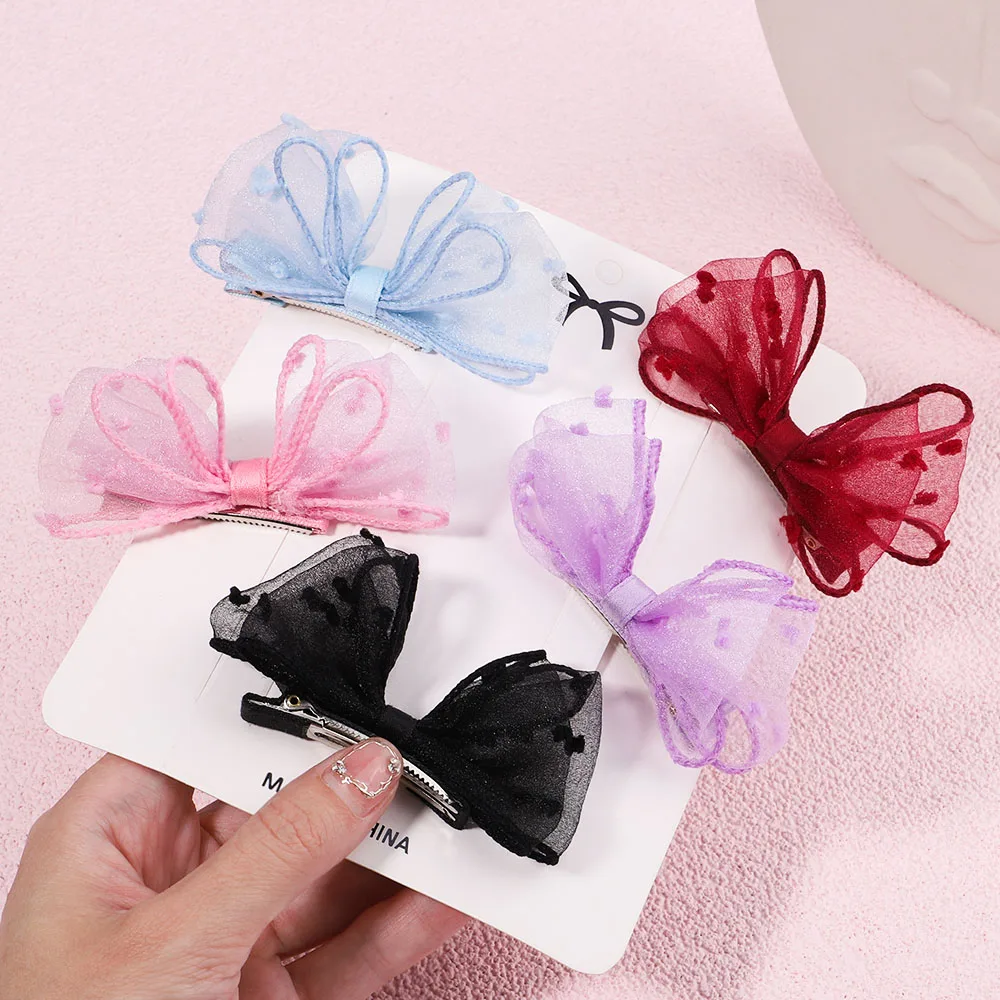 2Pcs/Set 3.2\'\' Sweet Mesh Bows Hair Clips For Kids Girls Korean Bowknot Hairpin Side Clip Headwear Fashion Baby Hair Accessories