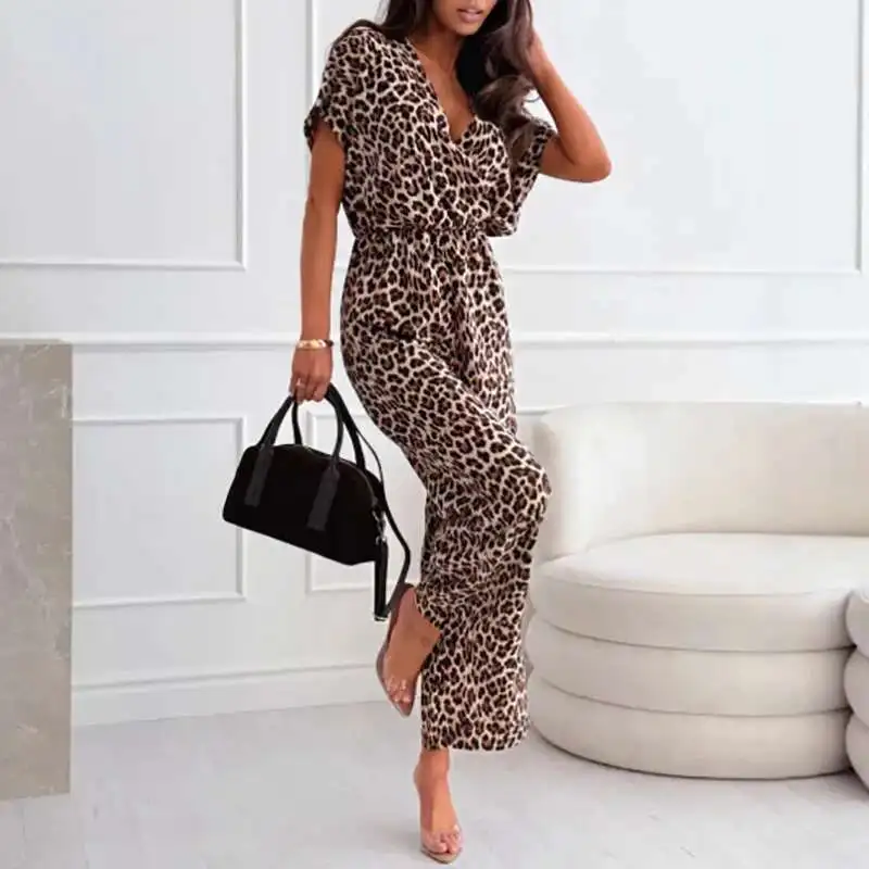 

Sexy Lady V Neck Short Sleeved Straight Romper Casual Street Loose Long Pants Playsuit Summer Leopard Print High Waist Jumpsuit
