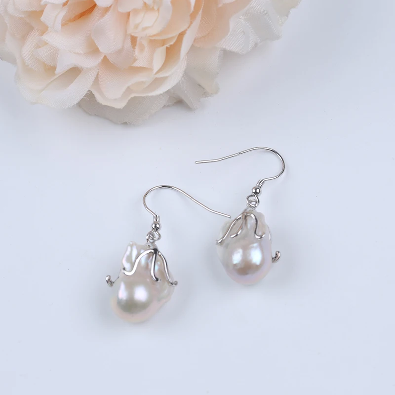 925 sterling silver fashion jewelry 12-13mm white real Freshwater Baroque Pearl Earring for women