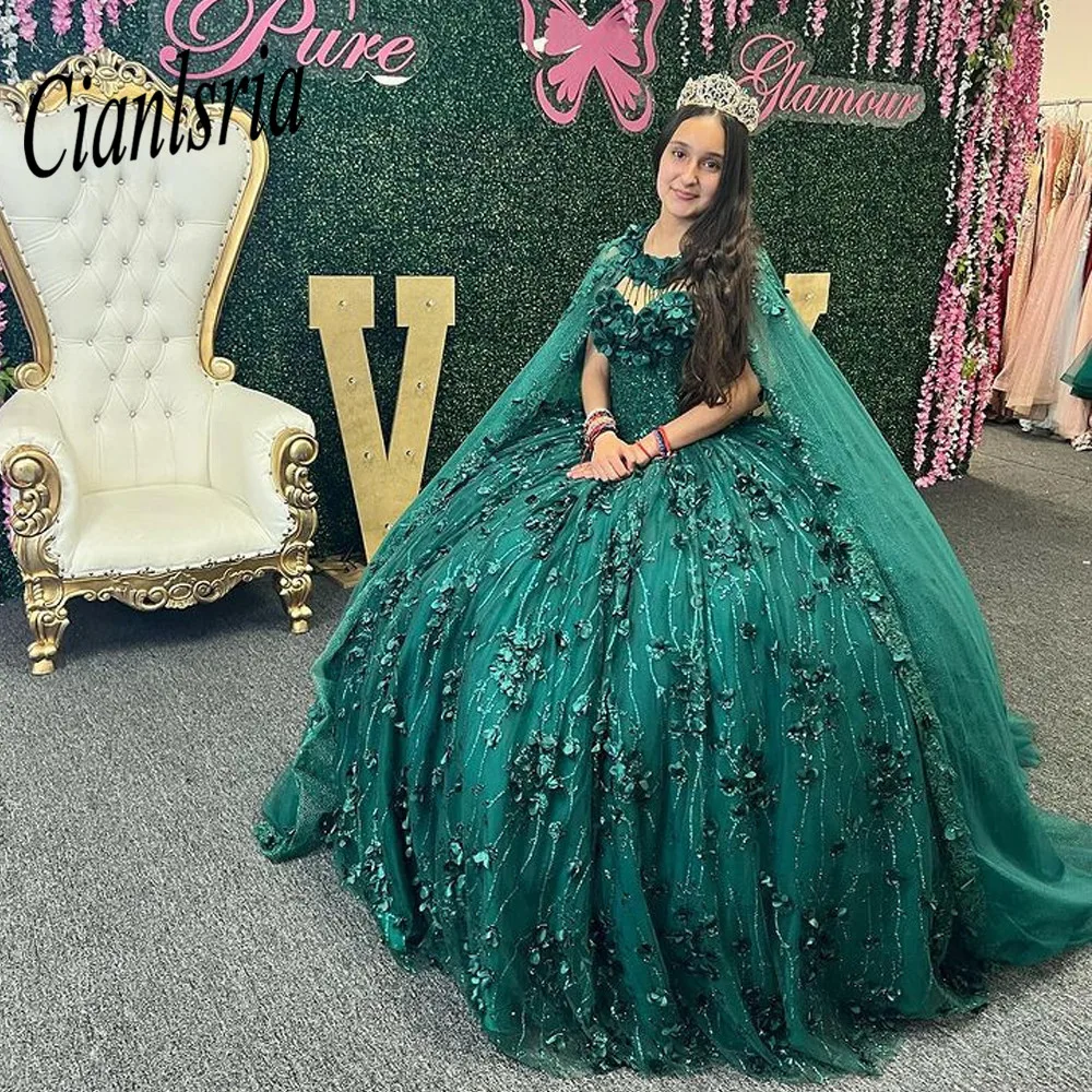 Emerald Green Quinceanera Dresses  Ball Gown Off The Shoulder With Capes Sweet 16 Girls Princess vestidos de quinceañera 15 ñera