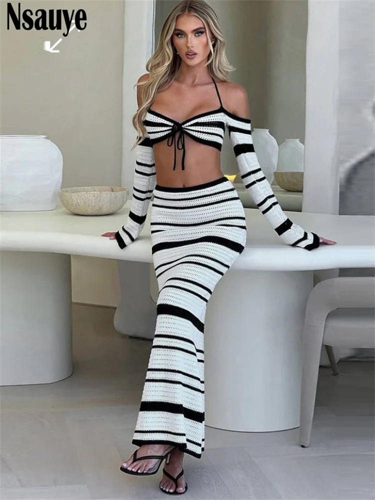 Nsauye Women Beach Holiday Long Sleeve Tops Low Waisted Knitted Y2K Striped Sexy Party Club New Fashion Skirt Two Piece Set 2024