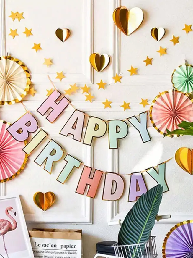 1Set Pastel Letter Birthday Banner, Gold Shiny Edges, Happy Birthday Bunting Flags, Party Decor, Reusable, Party Background, Wal