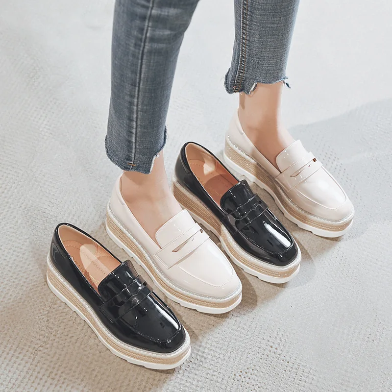 

Platform Wedge Shoes Woman Vintage Square Toe Heightening Loafers Casual Shallow Slip on Pumps Black Apricot Patent Leather