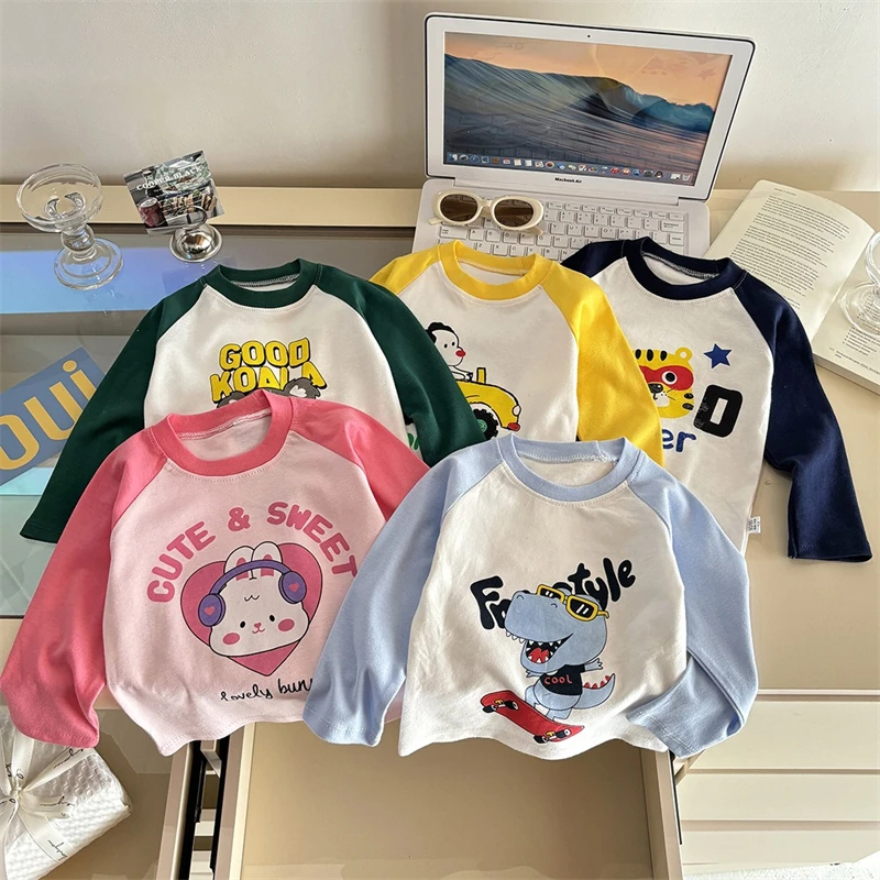 Kids Cartoon Print Long Sleeve T‑Shirt Baby Boys Girls Contrast Color Crew Neck Casual Cotton Tops Spring Autumn Children Tee