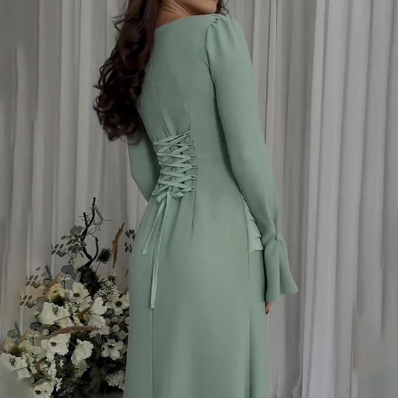Irregular Long Sleeve Lacing Slim Long Dress 2024 Woman Clothes Elegant Backless High Waist Bodycon Holiday Party Dresses
