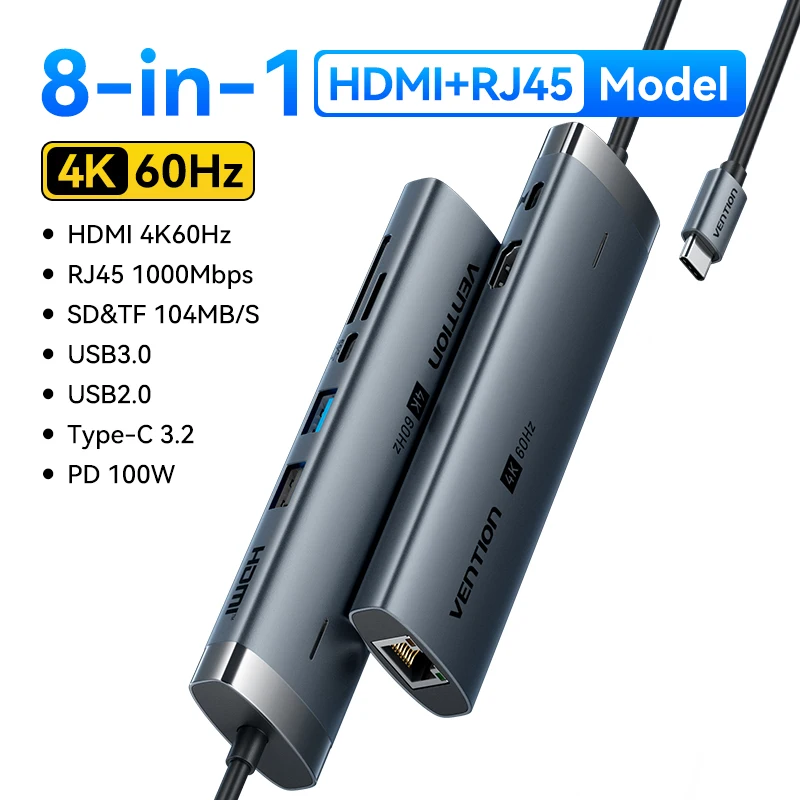 Ventie USB C HUB 4K 60Hz Type C naar HDMI RJ45 Ethernet PD 100W SD TF voor MacBook PC iPad Sumsang PC Tablet Telefoon USB 3.0 Hub